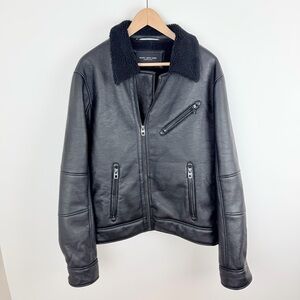 Marc New York Andrew Marc Black Leather Bomber Jacket with Shearling Collar